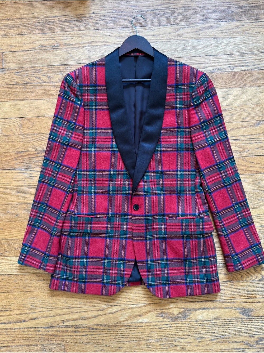 J. Crew Red Plaid Blazer with Black Shawl Collar